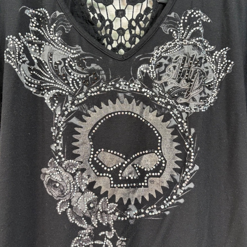 Harley-Davidson Womens XL Black Rhinestone Skull Crochet Lace Back Top Biker - Picture 3 of 9